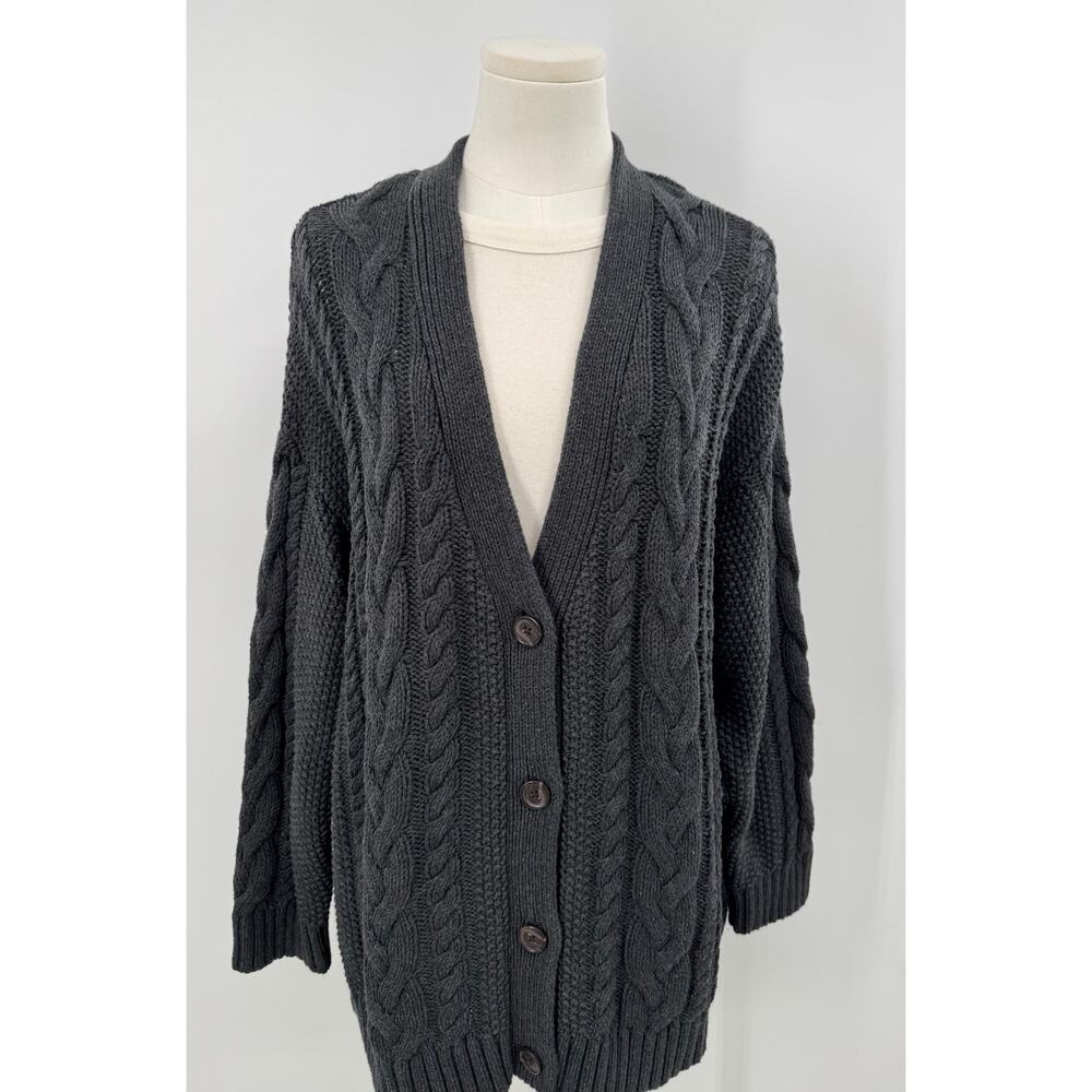 Quince Charcoal Oversized Cotton Cable Cardigan Grandpa Sweater M NWT